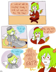 Rule 34 | 5koma, angel girl, angel wings, apple pie, beret, blonde hair, blue eyes, buttons, capelet, closed eyes, colored skin, comic, cross, cross necklace, demon girl, demon horns, demon wings, dress, english text, fang, food, fork, froze (funamusea), funamusea, gallaxi, glasses, green hair, grey capelet, grey dress, grey hat, haiiro teien, hat, holding, holding fork, holding plate, horns, jewelry, long hair, low twintails, necklace, open mouth, pie, plate, red-framed eyewear, red eyes, red hat, red sweater, red thighhighs, shirt, short hair, signature, single horn, speech bubble, sweater, thighhighs, turtleneck, turtleneck shirt, twintails, white shirt, white skin, wide-eyed, wings, yosafire (funamusea)