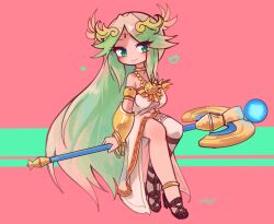 1girl ceroro chain circlet commission full_body gold_chain green_eyes green_hair heart highres holding holding_staff kid_icarus kid_icarus_uprising long_hair nintendo palutena pink_background pink_theme signature single_thighhigh solo staff thighhighs very_long_hair white_thighhighs