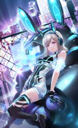 Rule 34 | 1girl, :q, animal ear headphones, animal ears, armlet, artist request, bare shoulders, black boots, black gloves, black leotard, black thighhighs, blonde hair, boots, chain-link fence, city, closed mouth, dashing bunny (shining nikki), dutch angle, eyelashes, fake animal ears, fence, fingerless gloves, foot out of frame, game cg, gloves, happy, headphones, heattech leotard, highres, holographic interface, jewelry, leaning back, leg up, leotard, light particles, light rays, looking at object, medium hair, multicolored leotard, netga (shining nikki), night, nikki (series), official art, outdoors, outstretched arm, pink eyes, rabbit ear headphones, robot, science, shining nikki, smirk, solo, spotlight, swept bangs, thighhighs, tongue, tongue out, turtleneck, two-tone leotard, white leotard