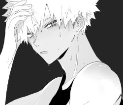Rule 34 | 1boy, arm up, bakugou katsuki, bare shoulders, black background, boku no hero academia, closed mouth, commentary request, fingernails, greyscale, hand on own head, looking ahead, looking to the side, male focus, monochrome, neminemisho, parted bangs, short hair, simple background, solo, spiked hair, sweat, tank top, upper body, very sweaty