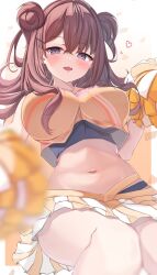 1girl absurdres bare_shoulders blush breasts brown_hair character_request cheering cheerleader crop_top double_bun hair_bun highres holding holding_pom_poms large_breasts long_hair looking_at_viewer midriff miniskirt navel open_mouth paru_364364 pleated_skirt polaris_chord pom_pom_(cheerleading) pom_poms purple_eyes simple_background skirt sleeveless smile solo white_background white_skirt
