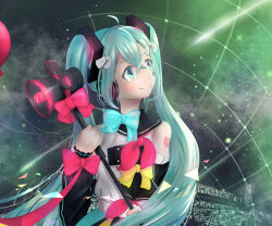 1girl amd_aoneko balloon bare_shoulders black_sleeves blue_bow blue_eyes blue_hair bow closed_mouth commentary_request crossed_bangs detached_sleeves double-parted_bangs hair_between_eyes hair_ornament hatsune_miku headphones holding holding_megaphone long_hair magical_mirai_miku magical_mirai_miku_(2018) megaphone mixed-language_commentary number_tattoo pink_bow shirt sleeveless sleeveless_shirt smile solo star_(sky) tattoo twintails very_long_hair vocaloid white_shirt yellow_bow