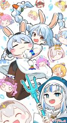 Rule 34 | 6+girls, :3, :d, ^ ^, amane kanata, animal ear fluff, animal ears, backwards hat, baseball cap, black hair, black leotard, blonde hair, blue hair, blue hoodie, blush stickers, bow, braid, brown eyes, brown pantyhose, carrot hair ornament, closed eyes, closed mouth, commentary request, double bun, dress, food-themed hair ornament, fur-trimmed dress, fur trim, gawr gura, gawr gura (1st costume), gradient hair, grey hair, hair between eyes, hair bow, hair bun, hair ornament, hat, highres, himemori luna, holding, holding polearm, holding weapon, hololive, hololive english, hood, hood up, hoodie, horns, kiritoma, leotard, minato aqua, momosuzu nene, multicolored hair, multiple girls, o o, omaru polka, oozora subaru, open mouth, pantyhose, pink hair, polearm, purple hair, rabbit-shaped pupils, rabbit ears, sheep horns, shiranui flare, shirogane noel, shoes, short eyebrows, signature, smile, streaked hair, symbol-shaped pupils, thick eyebrows, tokoyami towa, trident, tsunomaki watame, twin braids, twintails, two-tone hair, usada pekora, usada pekora (1st costume), virtual youtuber, water, wavy mouth, weapon, white background, white bow, white dress, white hair, white shoes, yukihana lamy