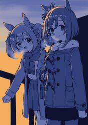 2girls alternate_costume animal_ears blush bob_cut chipushishi closed_mouth coat cold commentary condensation cowboy_shot eishin_flash_(umamusume) highres horse_ears long_sleeves medium_hair miniskirt multiple_girls pleated_skirt scarf skirt smart_falcon_(umamusume) smile sunrise tracen_winter_coat twintails umamusume