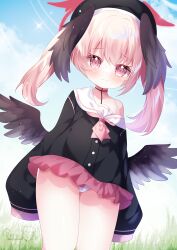 1girl :| artist_name black_hat black_shirt black_wings blue_archive blue_sky blush bra_strap closed_mouth cloud commentary grass halo hamiyamiko hat head_wings highres koharu_(blue_archive) loli long_sleeves medium_hair panties pink_eyes pink_hair pink_halo pink_skirt sailor_collar shirt skirt sky sleeves_past_fingers sleeves_past_wrists solo thighs twintails underwear white_panties white_sailor_collar wings