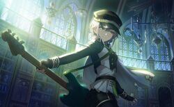 Rule 34 | 1girl, backlighting, black gloves, black hat, closed mouth, colorful palette, fingerless gloves, gloves, green eyes, grey hair, guitar, hair between eyes, hat, hinomori shiho, holding, holding guitar, holding instrument, instrument, knock the future!! (project sekai), looking at viewer, official alternate costume, official art, project sekai, short hair, smile, solo, third-party source, window