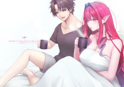 1boy 1girl baobhan_sith_(fate) bare_shoulders black_hair blue_eyes breasts cleavage dress fate/grand_order fate_(series) fujimaru_ritsuka_(male) grey_eyes growthdoll highres large_breasts long_hair open_mouth pink_hair pointy_ears short_hair sidelocks smile white_dress