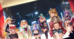 6+girls :o absurdres azura_dulait cityscape highres icey_snowpaws immy_bisou indoors looking_at_viewer mercy_modiste multiple_girls nail_polish navel night shibi_cottonbum standing stomach stronny_cuttles vallure virtual_youtuber waltz_w_me window