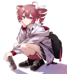 1girl absurdres adapted_costume ahoge alternate_costume ankle_socks aoshiro_05 backpack bag black_bag black_shoes black_skirt blush bow candy closed_mouth clothes_lift collared_shirt diagonal-striped_clothes diagonal-striped_necktie drill_hair earbuds earphones expressionless food full_body grey_jacket hair_between_eyes hair_bow hair_ribbon hand_on_own_cheek hand_on_own_face hand_up highres holding holding_candy holding_food jacket kasane_teto kasane_teto_(sv) long_sleeves looking_at_viewer miniskirt necktie red_eyes red_hair red_necktie red_socks ribbon shadow shirt shoelaces shoes signature simple_background skirt skirt_lift socks solo squatting striped_clothes striped_jacket striped_necktie synthesizer_v transparent_background twin_drills utau white_bow white_ribbon wing_collar