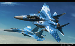 aircraft airplane commentary_request f-15 f-15_eagle highres military no_humans original realistic su-27 ukraine vehicle_focus zephyr164