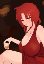 Rule 34 | 1girl, :d, absurdres, alcohol, breasts, cleavage, commentary, crossed legs, cup, dress, english commentary, half-closed eyes, highres, holding, holding cup, honkai (series), honkai impact 3rd, jewelry, large breasts, looking at viewer, mole, mole on breast, murata himeko, necklace, open mouth, red dress, red hair, samate, sitting, sleeveless, sleeveless dress, smile, solo, whiskey, yellow eyes