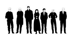 1girl 6+boys alien alternate_costume aqua_man aquaman_(series) arthur_curry barry_allen batman_(series) bruce_wayne clark_kent dc_comics diana_prince flash_(series) formal_clothes full_body ghost_in_the_shell_lineup glasses green_lantern hal_jordan hand_in_pocket hand_on_own_hip hands_on_own_hips highres hip_focus j&#039;onn_j&#039;onzz jacket justice_league kal-el kryptonian lineup martian_manhunter multiple_boys parody princess_diana_of_themyscira standing suit superman_(series)