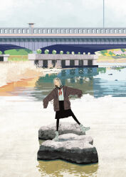 Rule 34 | 1girl, absurdres, black pantyhose, black skirt, blonde hair, blue sky, bridge, brown jacket, commentary, day, facing viewer, full body, gakuen idolmaster, grass, hair ornament, hairclip, highres, idolmaster, jacket, long hair, long sleeves, neckerchief, open mouth, orange eyes, outdoors, outstretched arms, pantyhose, red neckerchief, river, rock, sakutaro (39ar 39ca), scenery, school uniform, serafuku, shinosawa hiro, shoes, skirt, sky, sleeves past fingers, sleeves past wrists, smile, solo, spread arms, standing, standing on one leg, standing on rock, white serafuku, white shoes