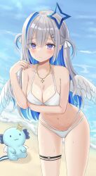 1girl absurdres amane_kanata angel angel_wings arm_under_breasts beach bikini blue_hair blush breasts closed_mouth colored_inner_hair grey_hair hair_intakes hair_ornament hairpin halo highres hololive jewelry looking_at_viewer medium_breasts multicolored_hair navel necklace purple_eyes sand smile star_halo swimsuit tamamorh thigh_strap two_side_up virtual_youtuber water white_bikini wings