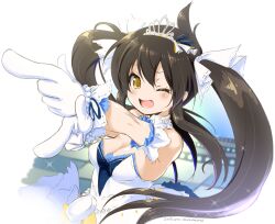 1girl akazawa_red bare_shoulders blonde_hair blush breasts cleavage dress fang gloves idolmaster idolmaster_cinderella_girls long_hair looking_at_viewer matoba_risa one_eye_closed open_mouth pointing small_breasts smile solo sparkle strapless strapless_dress tiara twintails upper_body white_dress white_gloves