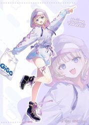 1girl :d arm_up bag baseball_cap black_boots blonde_hair blue_skirt blunt_bangs boots character_name colored_shoe_soles commentary_request copyright_notice cross-laced_clothes cross-laced_sleeves drawstring fangs full_body hat highres holding holding_bag hololive hololive_dev_is hood hood_up hoodie lace-up_boots long_sleeves looking_at_viewer miniskirt multicolored_hair official_art open_mouth outstretched_arms plastic_bag pointing pointing_to_the_side purple_eyes purple_hair purple_hoodie ribbon riichu shopping_bag short_hair skirt smile solo standing standing_on_one_leg streaked_hair teeth thigh_strap todoroki_hajime two_side_up upper_teeth_only virtual_youtuber white_bag white_hat zoom_layer