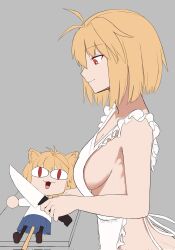 antenna_hair apron arcueid_brunestud ass bare_shoulders blonde_hair breasts cat_girl cleavage collarbone cutting_board from_side grey_background highres holding holding_knife knife medium_breasts meph1l naked_apron neco-arc profile red_eyes short_hair simple_background tsukihime upper_body white_apron