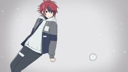 1boy ahoge black_eyes black_hair blue_jacket clock closed_mouth frown grey_background grey_jacket grey_pants hair_between_eyes hood hoodie jacket long_sleeves male_focus messy_hair multicolored_hair pants red_hair simple_background solo solo_focus streaked_hair sumino_takumi the_hundred_line_-last_defense_academy- white_hoodie