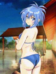 1girl ass bikini blue_bikini blue_eyes blue_hair cowboy_shot genderswap genderswap_(mtf) kampfer looking_back mizumori_keiichi ponytail senou_natsuru side-tie_bikini_bottom solo swimsuit