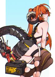 1girl artist_name ass bare_shoulders blue_background blush breasts car_battery commentary cyborg dragon_girl dragon_horns electricity english_commentary feet green_eyes highres horns long_hair looking_at_viewer mechanical_tail medium_breasts orange_hair orange_pupils orpheus_(zenless_zone_zero) pointy_ears ponytail shinbun_n smile solo stirrup_legwear tail thighhighs toeless_legwear two-tone_background white_background zenless_zone_zero