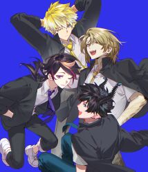 4boys :d absurdres arm_tattoo arms_behind_head arms_up black_hair black_horns black_jacket black_pants blonde_hair blue_background blue_eyes blue_necktie blue_pants brown_pants closed_mouth collared_shirt commentary earrings fang fangs grey_pants hair_between_eyes hands_in_pockets highres horns jacket jacket_on_shoulders jewelry kaohom503 long_hair long_sleeves looking_at_viewer looking_back luca_kaneshiro male_focus multicolored_hair multiple_boys multiple_earrings necktie nijisanji nijisanji_en one_eye_closed open_clothes open_jacket open_mouth pants parted_bangs pink_hair pointy_ears purple_eyes purple_hair purple_necktie ren_zotto shirt shoes short_hair short_sleeves shu_yamino simple_background single_earring skin_fang smile sonny_brisko streaked_hair swept_bangs symbol-only_commentary tattoo teeth upper_teeth_only virtual_youtuber white_hair white_shirt white_shoes wing_collar yellow_necktie