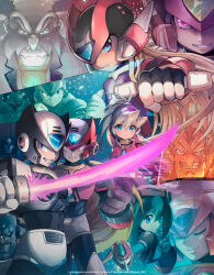 Rule 34 | 2girls, 6+boys, armor, bald, blonde hair, blopa-inf, blue eyes, brown hair, capcom, ciel (mega man), closed eyes, corruption, dark persona, dr. weil (mega man), dr. wily (mega man), energy, energy sword, evil grin, evil smile, facial hair, frown, gloves, glowing, glowing eyes, green eyes, grin, hand on own cheek, hand on own face, helmet, holding, holding sword, holding weapon, iris (mega man), long hair, looking at viewer, looking to the side, mega man (classic), mega man (series), mega man x (series), mega man zero (series), mega man zx, multiple boys, multiple girls, multiple persona, mustache, omega (mega man), ponytail, purple eyes, red eyes, short hair, sigma (mega man), smile, sword, vile (mega man), weapon, white hair, x (mega man), zero(z) (mega man), zero (mega man)
