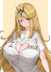 1girl absurdres alternate_costume breasts cleavage clothing_cutout heart_cutout highres large_breasts mythra_(xenoblade) shirt solo t-shirt xenoblade_chronicles_(series) xenoblade_chronicles_2