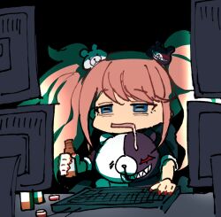 1girl bear_hair_ornament black_background blonde_hair blue_eyes bottle computer_keyboard danganronpa:_trigger_happy_havoc danganronpa_(series) drooling enoshima_junko grin hair_ornament highres holding holding_bottle long_hair monokuma nail_polish red_nails simple_background smile teeth upper_body youko-shima