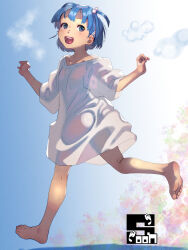 1girl artist_logo artist_name bare_legs barefoot blue_eyes blue_hair feet female_focus from_behind full_body hair_bobbles hair_ornament hairclip highres kneepits logo looking_back open_mouth original oversized_clothes oversized_shirt paid_reward_available running shirt short_hair smile soles solo soon_(c-u-soon) teeth thighs toes tongue upper_teeth_only white_shirt