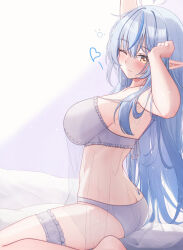 Rule 34 | 1girl, ahoge, arm up, ass, bed sheet, blue hair, bra, breasts, butt crack, commentary request, double-parted bangs, from side, hair between eyes, hand up, heart, heart ahoge, highres, hololive, indoors, large breasts, lingerie, long hair, mofu07519, multicolored hair, one eye closed, panties, pointy ears, sidelocks, sitting, solo, streaked hair, stretching, thigh strap, underwear, underwear only, very long hair, virtual youtuber, waking up, white bra, white panties, yellow eyes, yukihana lamy