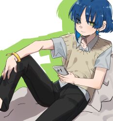 1girl asymmetrical_hair black_pants blue_hair bocchi_the_rock! bright_pupils brown_sweater_vest cable_tie_around_wrist cellphone closed_mouth collared_shirt commentary earrings green_eyes highres holding holding_phone jewelry pants phone shirt short_hair short_sleeves sitting smartphone smile solo stud_earrings sweater_vest takao_(88499191) white_background white_pupils white_shirt yamada_ryo