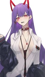 absurdres akuma_nihmune akuma_nihmune_(1st_costume) annoyed black_jacket black_necktie breasts cleavage collar collarbone collared_shirt daiishori ear_piercing facial_mark hair_behind_ear heart heart_facial_mark highres indie_virtual_youtuber jacket medium_breasts necktie off_shoulder open_mouth piercing pink_eyes red_collar shirt virtual_youtuber white_background