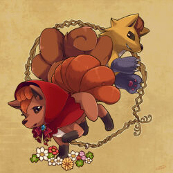 alternate_color animal_hands big_bad_wolf big_bad_wolf_(cosplay) brown_background brown_eyes clothed_pokemon cosplay flower full_body gen_1_pokemon gloves little_red_riding_hood_(fairy_tale) little_red_riding_hood_(fairy_tale_character) little_red_riding_hood_(fairy_tale_character)_(cosplay) nintendo no_humans paw_gloves pokemon pokemon_(creature) red_flower red_hood shiny_and_normal shiny_pokemon tuyu_bit vulpix white_flower yellow_flower