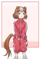 Rule 34 | 1girl, animal ears, berno light (umamusume), bob cut, border, bow, brown eyes, brown hair, character name, closed mouth, commentary, ear ribbon, ears down, hair ornament, half-closed eyes, hands on lap, highres, horse ears, horse girl, horse tail, invisible chair, jacket, letter hair ornament, long sleeves, looking to the side, makijuu, multicolored hair, pants, pants rolled up, red border, red jacket, red pants, shoes, single vertical stripe, sitting, smile, solo, tail, track jacket, track pants, track suit, two-tone hair, umamusume, umamusume: cinderella gray, white hair, white shoes