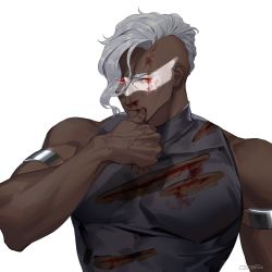 1boy ares ares_(hades) armband artist_name bara biceps blood dark-skinned_male dark_skin hades_(series) hades_1 highres injury large_pectorals looking_at_viewer male_focus manly muscular muscular_arms muscular_male o3tofu paint paint_on_body pectorals red_eyes shirt silver_hair sleeveless solo tight_clothes torn_clothes turtleneck upper_body