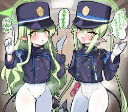 2girls armband black_hat black_jacket black_tail blue_archive blue_armband blush buttons condom condom_packet_strip condom_wrapper double-breasted earrings fang gloves green_hair green_halo halo hand_up hat highres hikari_(blue_archive) index_finger_raised jacket jewelry long_hair long_sleeves looking_at_viewer multiple_girls nozomi_(blue_archive) open_mouth pantyhose peaked_cap pointy_ears shiming_liangjing siblings sisters skin_fang smile speech_bubble tail translation_request twintails very_long_hair white_gloves white_pantyhose yellow_eyes