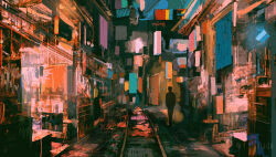 1other alley artist_name brush_stroke cityscape clothesline dkaism doorway entrance full_body glowing highres night original painterly railroad_tracks reflective_floor sign silhouette solo walking wall_lamp watermark wet_floor