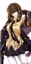 1girl 2pwqq armband assault_rifle black_gloves black_jacket black_necktie blonde_hair braid breasts brown_eyes brown_hair character_name commentary english_commentary eyepatch girls&#039;_frontline gloves gun headphones headphones_around_neck highres holding holding_gun holding_weapon jacket long_hair looking_at_viewer m16 m16a1_(girls&#039;_frontline) multicolored_hair necktie open_clothes open_jacket orange_armband parted_lips pleated_skirt rifle scar scar_across_eye scar_on_face shirt simple_background skirt smile solo streaked_hair teeth weapon white_background yellow_shirt
