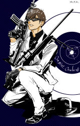1boy absurdres ace_of_diamond black_gloves cigarette esuki_(eskifgo) formal_clothes glasses gloves gun hair_between_eyes hat unworn_hat unworn_headwear highres looking_at_viewer machine_gun male_focus miyuki_kazuya mouth_hold necktie on_one_knee pants rifle sniper_rifle solo suit tinted_eyewear twitter_username weapon white_suit