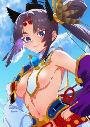 1girl absurdres asymmetrical_sleeves black_hair blue_eyes blue_sky breast_curtains breasts commentary detached_sleeves fate/grand_order fate_(series) fukou hair_ornament highres long_hair looking_at_viewer medium_breasts navel revealing_clothes side_ponytail sky smile solo stomach upper_body ushiwakamaru_(fate)