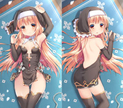 1girl arm_up armpits backless_dress backless_outfit bare_shoulders black_dress black_thighhighs blush breasts bridal_gauntlets brown_eyes closed_mouth craytm dakimakura_(medium) dress frills long_hair looking_at_viewer lying multiple_views nun on_back on_side original parted_lips petals small_breasts thighhighs v-shaped_eyebrows very_long_hair wooden_floor