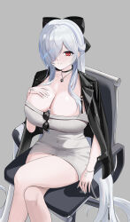 absurdres black_bow black_choker black_jacket bow bracelet breasts bright_pupils choker cinderella_(beautiful_me)_(nikke) cinderella_(nikke) cleavage crossed_legs dongtan_dress eyewear_hang goddess_of_victory:_nikke grey_background hair_over_one_eye hand_on_own_chest highres jacket jacket_on_shoulders jewelry labbri long_hair looking_at_viewer meme_attire necklace official_alternate_costume official_alternate_hairstyle red_eyes simple_background sitting sunglasses unworn_eyewear very_long_hair white_hair white_nails