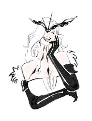 Rule 34 | 1girl, bare shoulders, black gloves, black mask, breasts, butterfly mask, cleavage, dress, fur trim, genshin impact, gloves, half mask, hwei, lace-trimmed eyepatch, laughing, long hair, mask, mask over one eye, signora (genshin impact), simple background, solo, white background