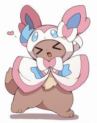 &gt;_&lt; animal_focus character_hood closed_eyes clothed_pokemon commentary_request cosplay eevee full_body gen_1_pokemon gen_6_pokemon heart highres kemosuk nintendo no_humans open_mouth pokemon pokemon_(creature) pokemon_focus simple_background smile solo standing sylveon sylveon_(cosplay) white_background