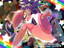 1girl aggron archeops character_name child claw_pose clenched_hands collarbone dark-skinned_female dark_skin dragon dress druddigon eyelashes feet feet_up female_focus fingernails flat_chest full_body gen_1_pokemon gen_3_pokemon gen_5_pokemon hand_up happy haxorus hydreigon iris_(pokemon) knees lapras legs light_blush long_hair long_sleeves looking_at_viewer low-tied_long_hair matanonki neck nintendo official_alternate_costume official_alternate_hairstyle one_eye_closed open_clothes open_mouth open_skirt outstretched_arm parted_bangs pink_dress pokemon pokemon_bw2 purple_hair rainbow red_eyes sandals sidelocks skirt standing standing_on_one_leg star_(symbol) tiara toenails toes v-neck v-shaped_eyebrows very_long_hair white_sandals wide_sleeves wink