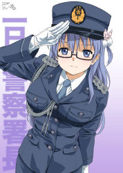 Rule 34 | 1girl, 22/7, arm at side, artist name, black-framed eyewear, blue eyes, blue hair, blue hat, blue jacket, blue necktie, blue skirt, bow, closed mouth, collared shirt, cosplay, cowboy shot, dated, expressionless, glasses, gloves, gradient background, hair bow, hair ornament, hat, jacket, long hair, long sleeves, looking at viewer, maruyama akane, necktie, pizza man, police, police hat, police uniform, pom pom (clothes), pom pom hair ornament, purple background, rectangular eyewear, salute, semi-rimless eyewear, shirt, skirt, solo, standing, under-rim eyewear, white gloves, white shirt
