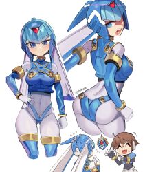 2girls absurdres aile_(mega_man_zx) android armor ass bikini_armor biometal blue_armor blue_helmet blush breasts cowboy_shot ddg160 fairy_leviathan_(mega_man) fins forehead_jewel from_behind head_fins helmet highres medium_breasts mega_man_(series) mega_man_zero_(series) mega_man_zx model_l_(mega_man) multiple_girls robot_ears simple_background twitter_username white_background