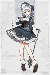 1girl absurdres alternate_costume bespectacled black_gloves black_hat bonnet breasts brown_footwear commentary_request dress english_text full_body glasses gloves green_eyes grey_background grey_dress grey_hair hat highres hololive large_breasts mace partially_fingerless_gloves shirogane_noel short_hair socks solo two-tone_background virtual_youtuber waka_(wk4444) watermark weapon white_socks