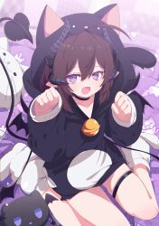 1girl :d absurdres ahoge animal_ears animal_hood bell black_choker black_hoodie black_horns brown_hair cat cat_hood choker commission demon_girl demon_horns demon_tail demon_wings fang fangs hair_between_eyes hands_up highres hood hood_up hoodie horns indie_virtual_youtuber jingle_bell long_sleeves looking_at_viewer medium_hair neck_bell open_mouth paw_pose pointy_ears purple_eyes shiro9jira sitting skeb_commission skin_fang skin_fangs smile socks solo stuffed_animal stuffed_cat stuffed_toy tail thigh_strap virtual_youtuber wariza white_socks wings yoasobi_raumu
