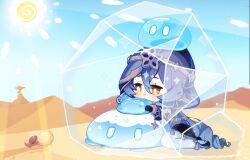 Rule 34 | &gt; &lt;, 1girl, blue hair, blue hood, blush, chibi, chibi only, closed mouth, commentary request, cryo slime (genshin impact), day, desert, genshin impact, hair between eyes, highres, hoshiusagi no chloe, hydro slime (genshin impact), layla (genshin impact), long hair, melting, outdoors, sand, slime (genshin impact), smile, solo, sun, sweat, thighhighs, twitter username, very long hair, white thighhighs, yellow eyes